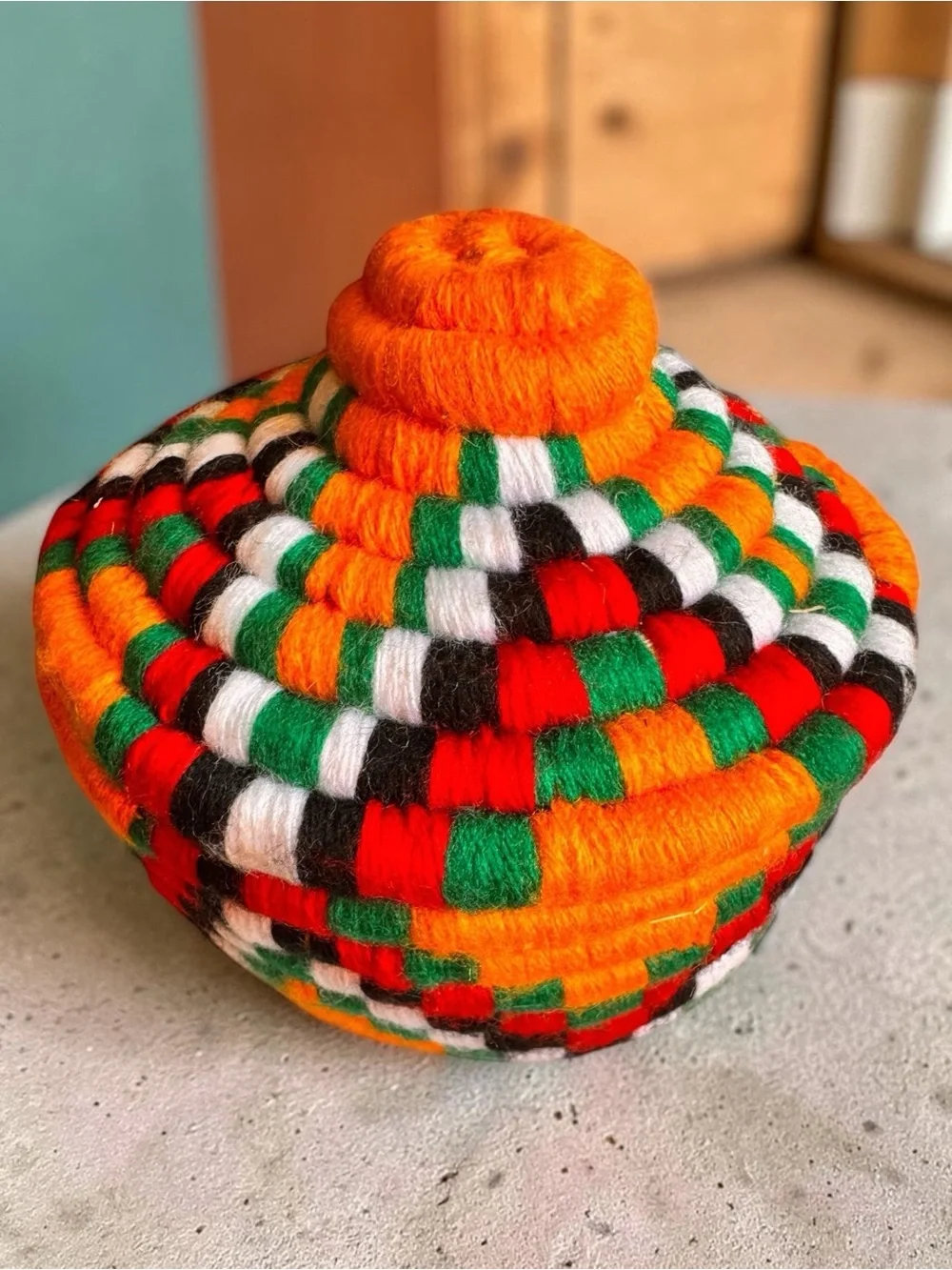 Berber Handwoven Wool Yarn Orange Basket with Lid.